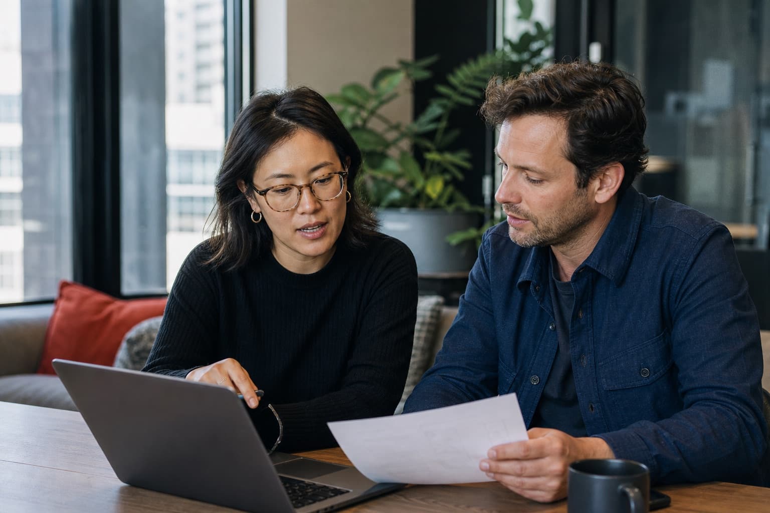 A business owner and marketing strategist reviewing a plan together.